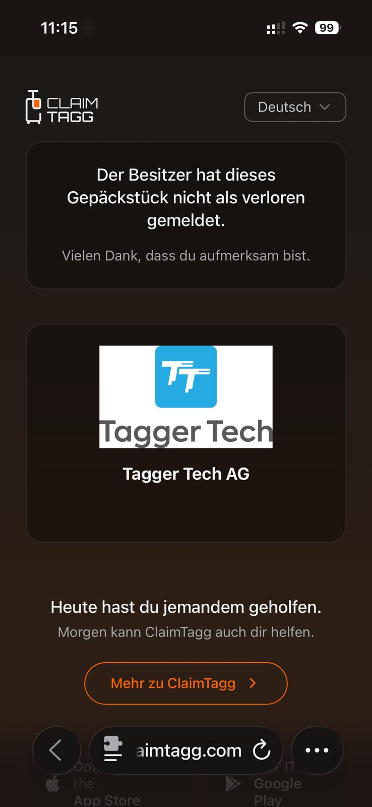 Wenn der Besitzer das Gepäckstück nicht verloren hat, kommt beim Scannen die folgende Meldung.