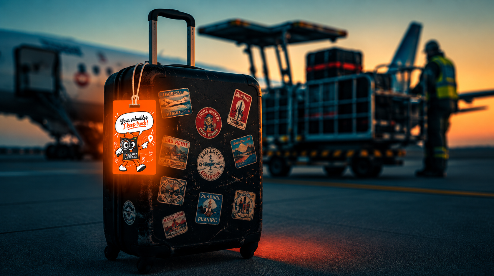 ClaimTagg smart luggage tag on suitcase at the airport