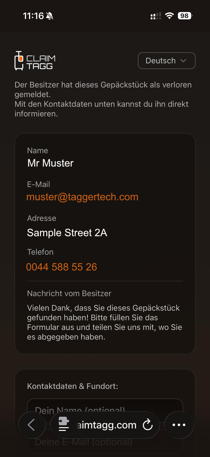 Meldet der Besitzer den Koffer als verloren, werden die von ihm ausgewählten Kontaktdaten für den Finder freigeschaltet.